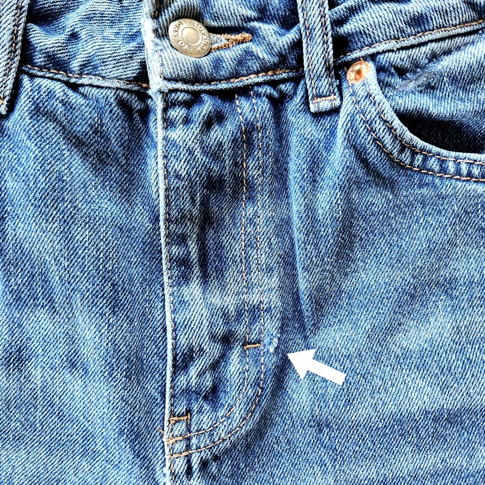 Topshop "Mom" Distressed Hem High Rise Straight Leg Blue Jeans | Women's Size 28 - Picture 13 of 14